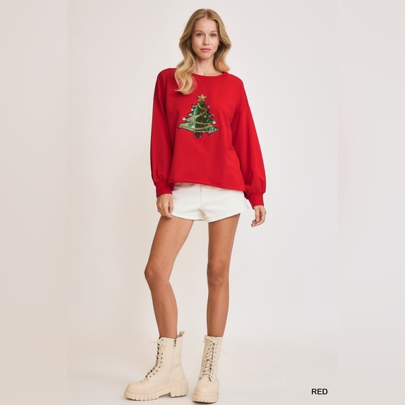 NWT Umgee Red Christmas Tree Sequin Terry Sweatshirt - Picture 2 of 5